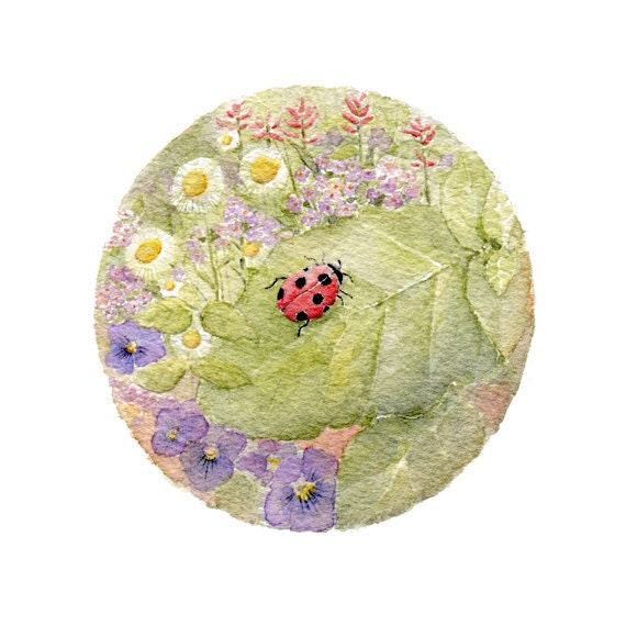 Ladybug Watercolor Painting - Circular Ladybug Print, Lady Bug Painting, Floral, Spring, Summer, Garden, Insect, Circle, Green, Red