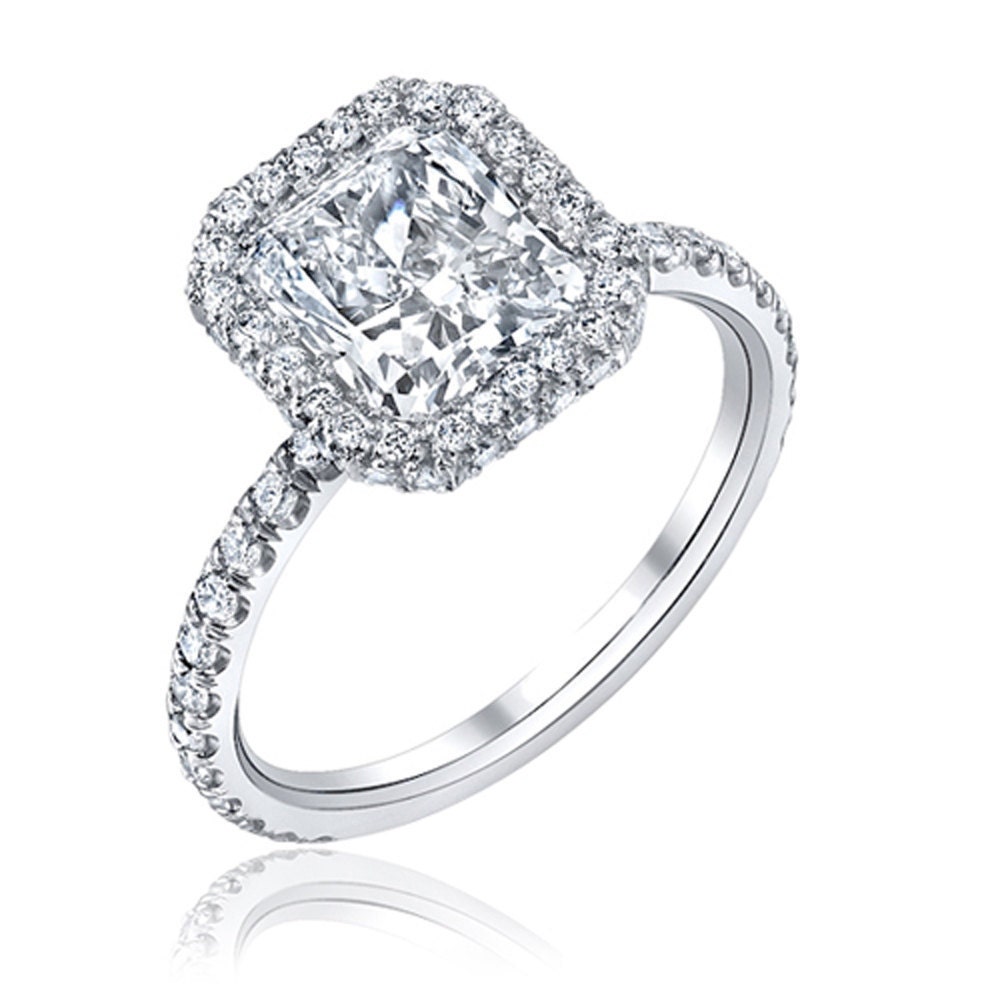 Diamond Engagement Ring 1.50 carat Radiant and Round Cut Diamonds in 14K White Gold