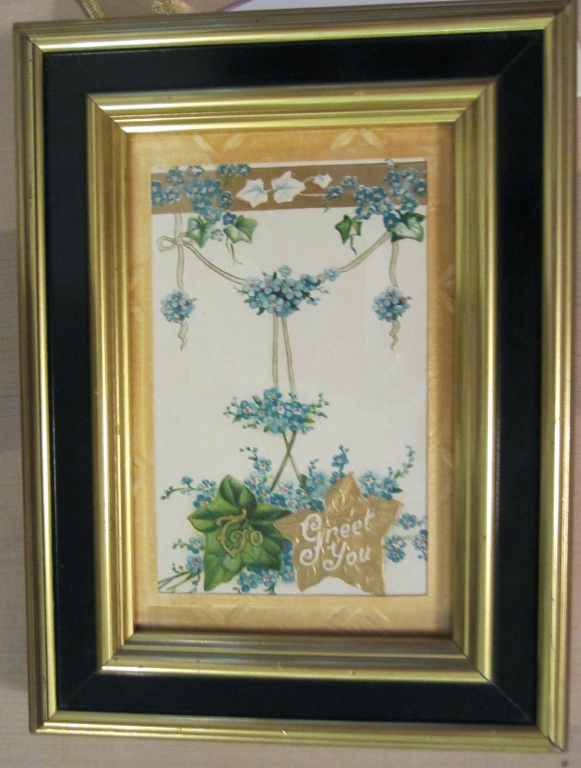 Unique Art Nouveau Gift Postcard "To Greet You" in a Wooden Frame. A Valentine present that will be treasured forever.