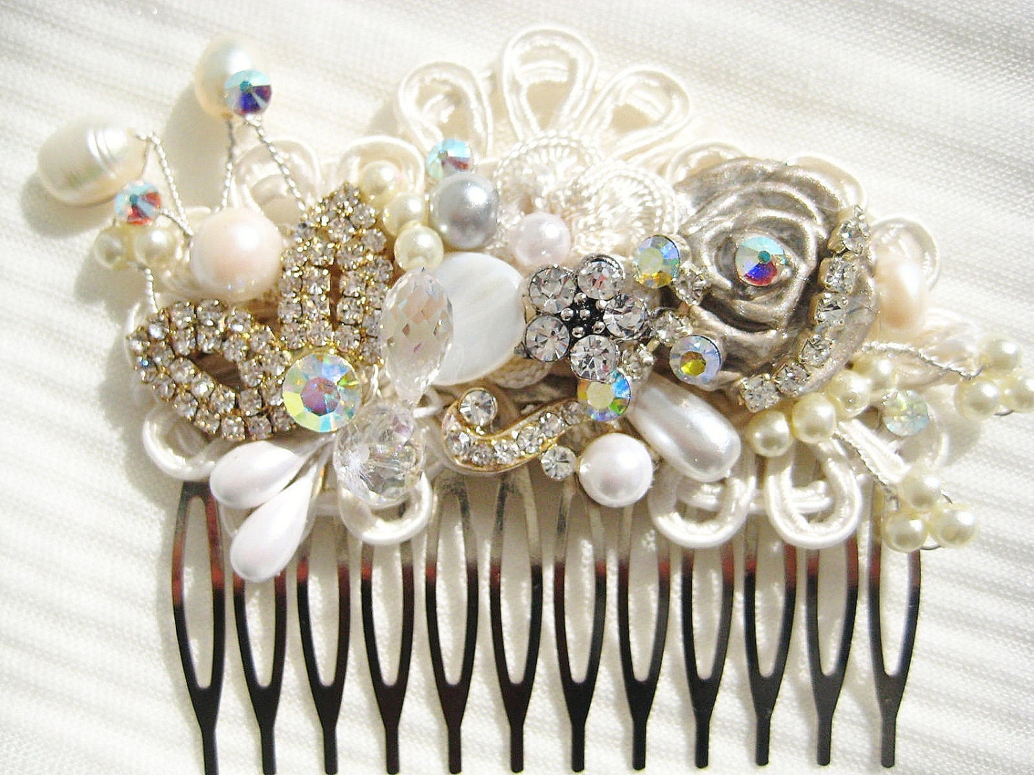 Bridal Hair Comb or Clip in Ivory with Rhinestone, Pearls, Crystal- Vintage Hair Piece- Wedding Hair Accessories- Fascinator