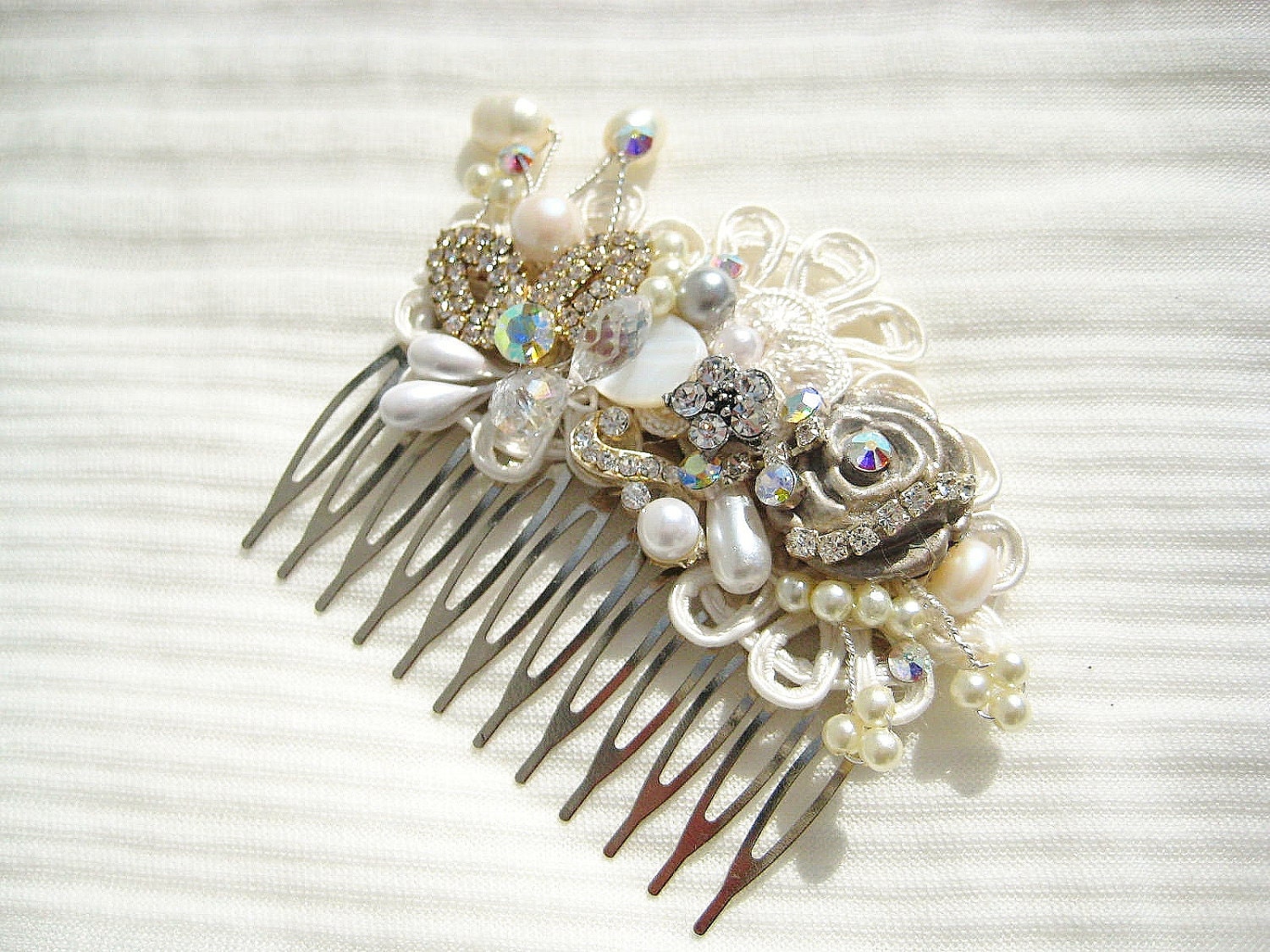 Bridal Hair Comb or Clip in Ivory with Rhinestone, Pearls, Crystal- Vintage Hair Piece- Wedding Hair Accessories- Fascinator