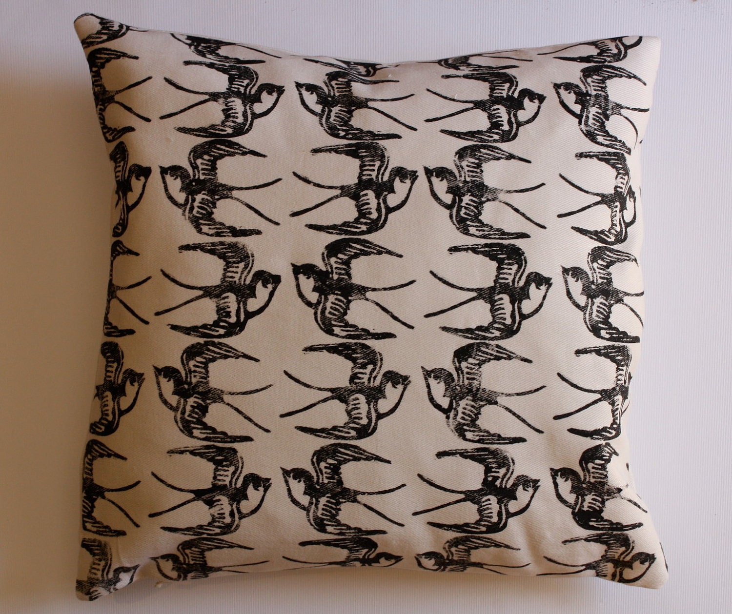 Black swallow bird block printed decorative cotton cushion cover