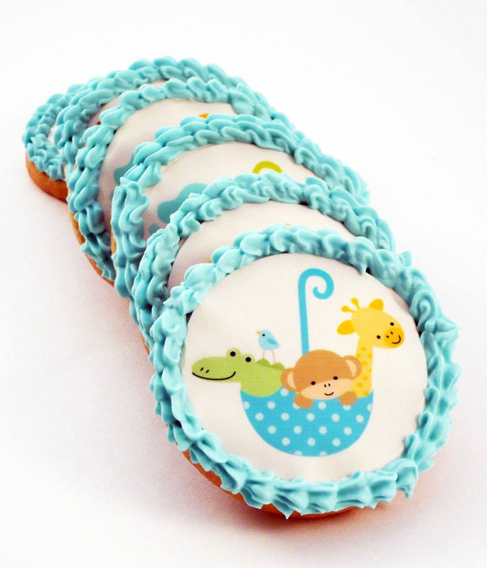 Decorated Cookies - Edible Images - Baby Jungle Animals - Umbrellas - Baby Boy - katieduran