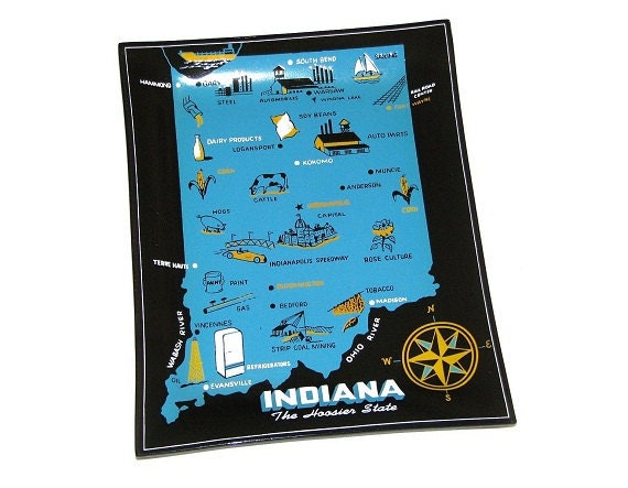Vintage 50s 60s INDIANA Blue & Yellow State Map Souvenir Glass Tray
