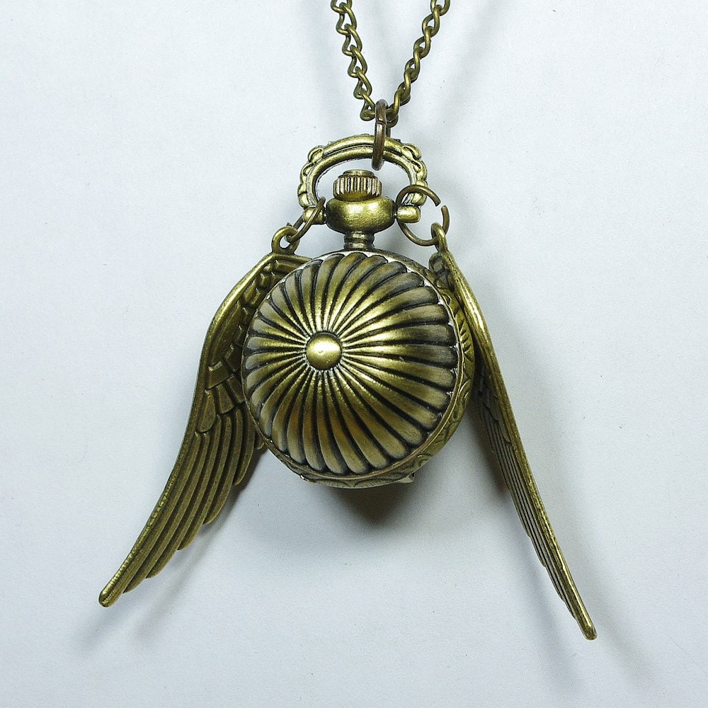 SALE - Enchanted Steampunk Golden snitch Double Sided wings Pocket Watch Necklace harry potter pocket watch- Deathly Hallows:Part ll