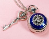 Blue enamalled crytal pocket watch locket necklace with silver loving key