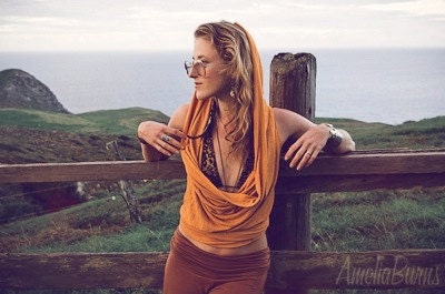gypsy tudung. hooded cowl tunic. organic bamboo hemp blend. hand dyed color- saffron. 'made to order'