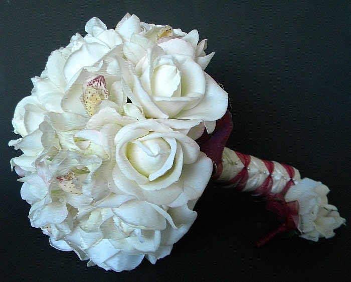 Real Touch Orchid and Rose Bridal Bouquet and Boutonniere Set with Maroon Accents- Made to Order
