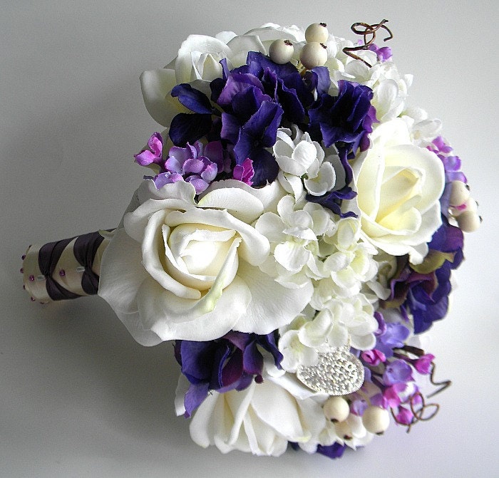 15 Piece Wedding Package in Purples, White and Lavender  with Real Touch Roses