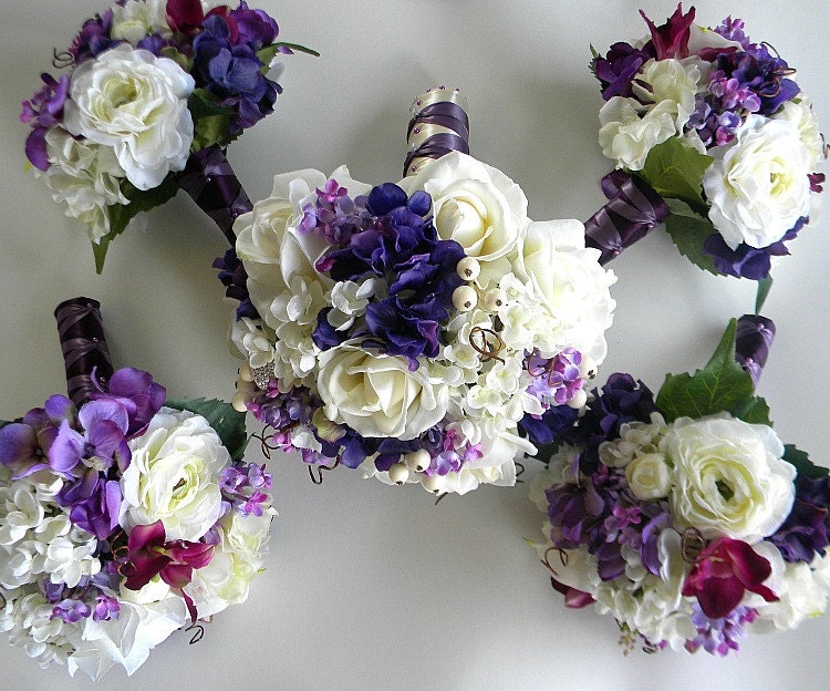 15 Piece Wedding Package in Purples, White and Lavender  with Real Touch Roses