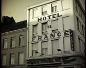 French Paris Photography - Hotel de France - 5x5 Original Fine Art Print - Sepia Black and White, Square, Gothic, Vintage, Travel, Antique
