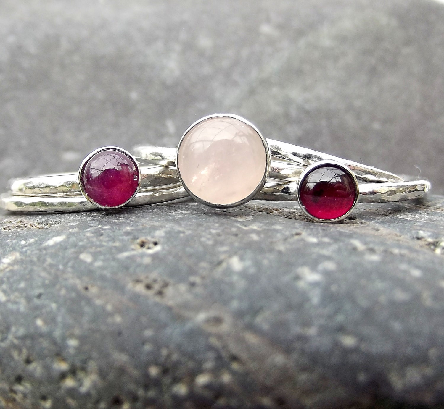 In The Pink - Sterling Silver Stacking Rings set - Rose Quartz, Ruby and Garnet