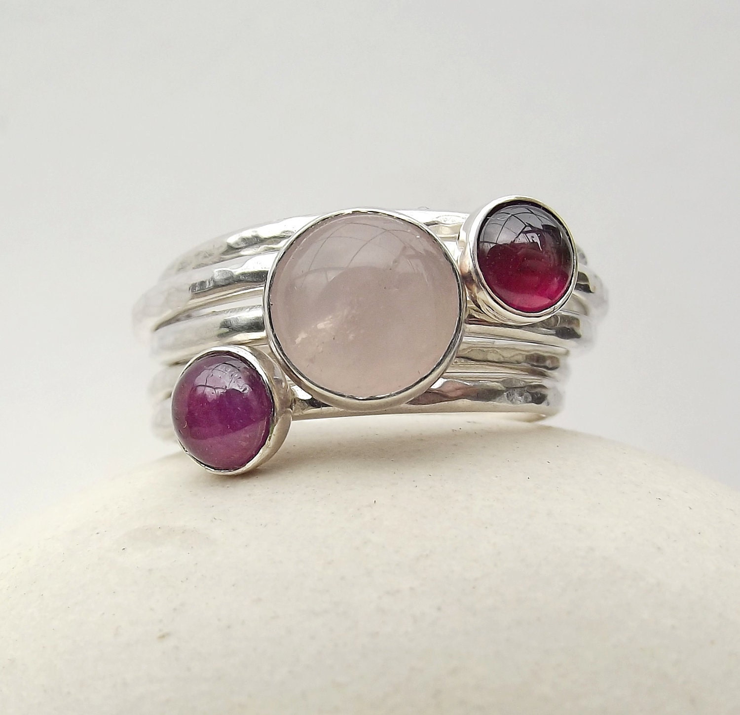 In The Pink - Sterling Silver Stacking Rings set - Rose Quartz, Ruby and Garnet