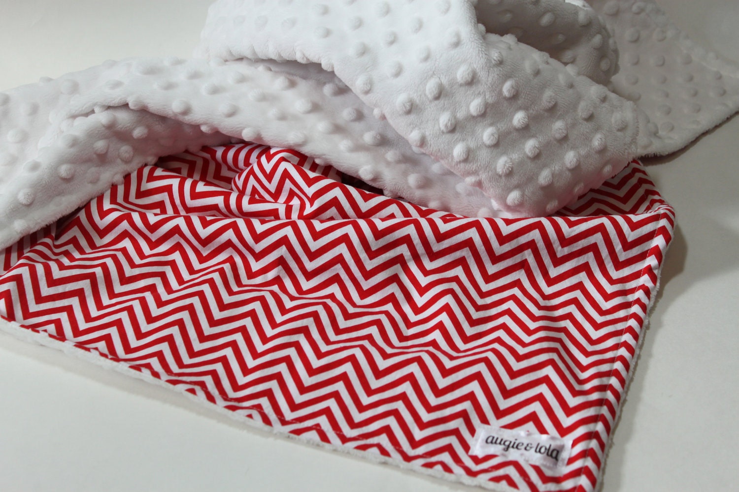 Baby Blanket, Red and White Chevron Baby Blanket with White Minky