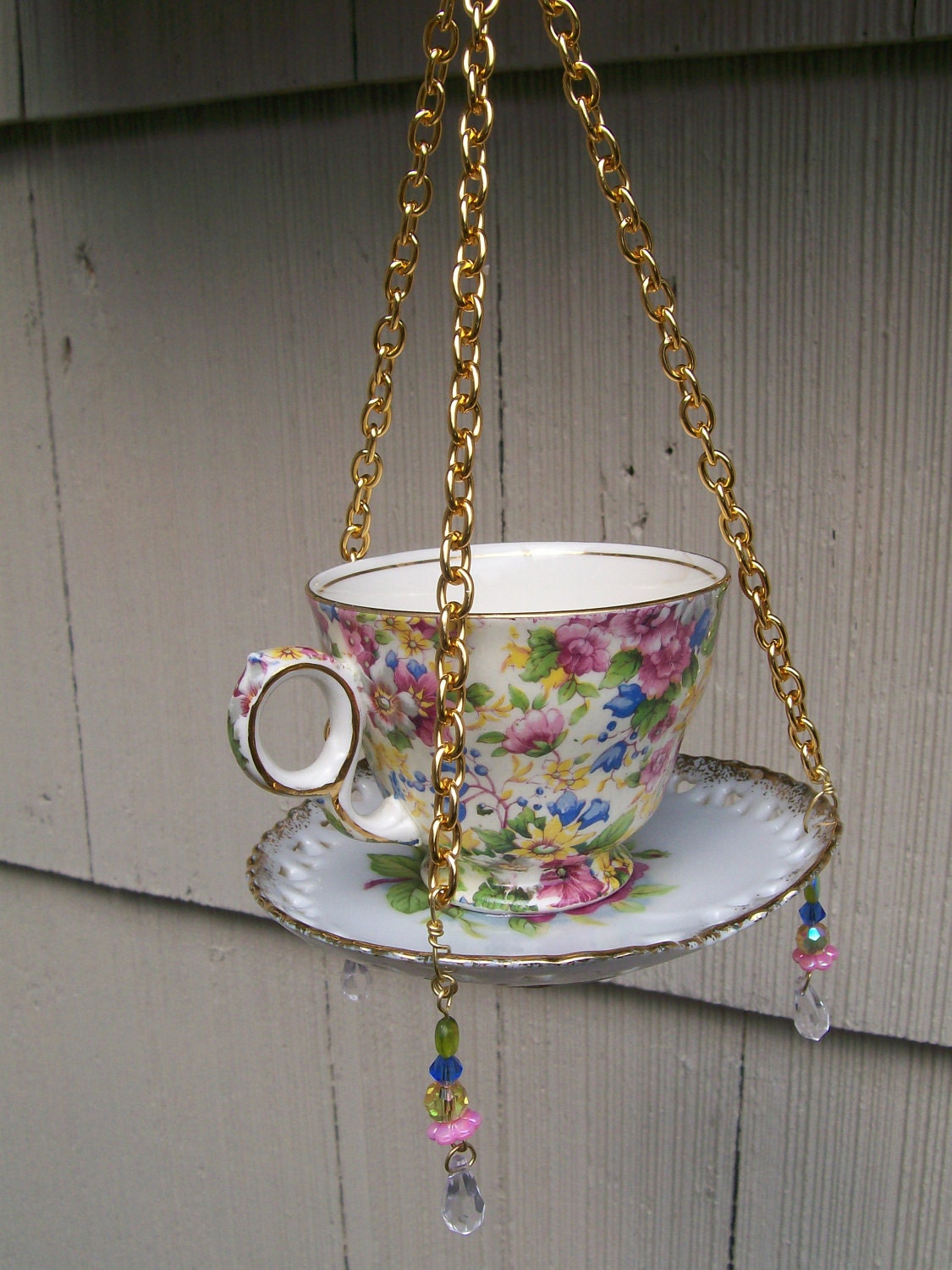 Teacup Hanging Bird Feeder repurposed by NEWtiques on Etsy