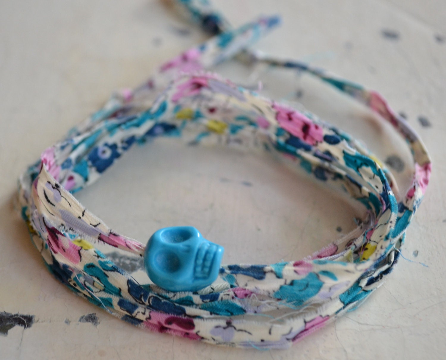 Gifts 25 & Under - Liberty of London fabric Wrap Bracelet with Turquoise Howlite Skull
