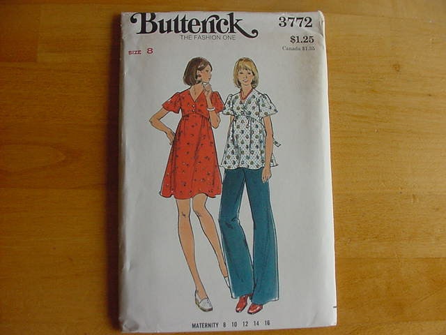 1970s Butterick Pattern 3772 Misses Maternity Dress, Top & Pants Dress Size 8 Bust 31 1/2 UNCUT