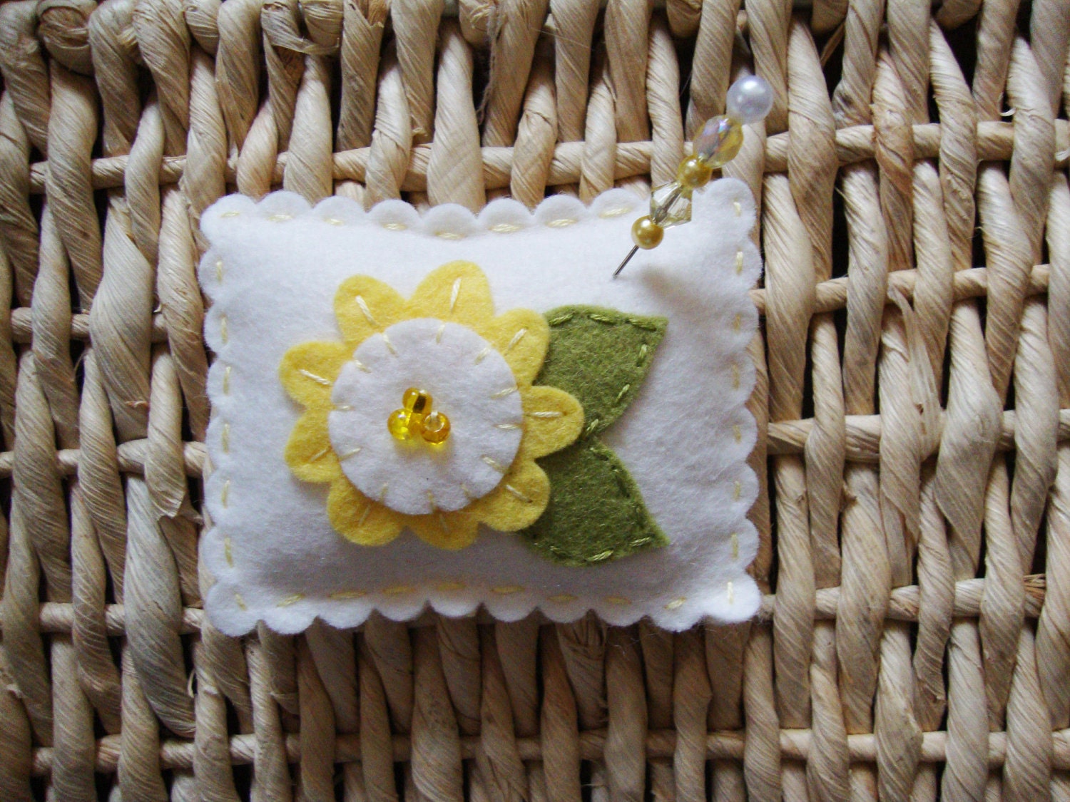 Wool Felt Pin Cushion, Small Pillow-Glass Beads Stick Pin,bowl filler,pincushion, applique embroidery