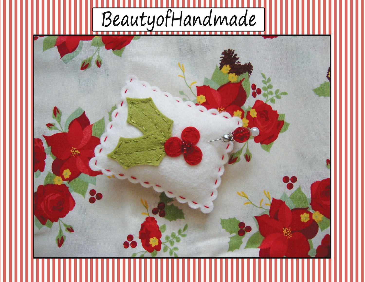 Wool Felt Pin Christmas Holly Cushion Small Pillow Glass Beads Stick Pin bowl filler pincushion  applique embroidery