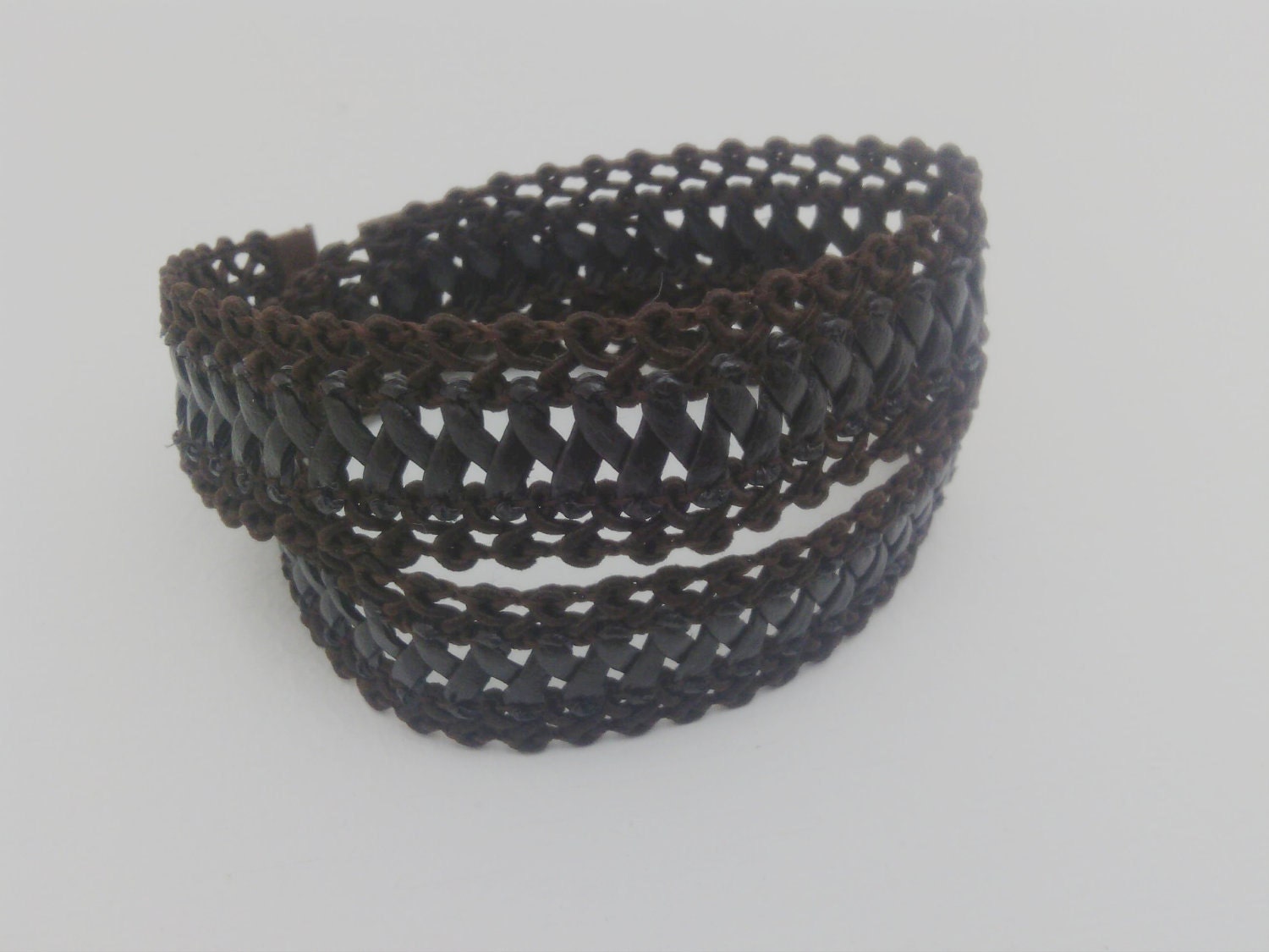 Free Shipping.. OOAK..boho. goth, Brown leather crochet long bracelet,