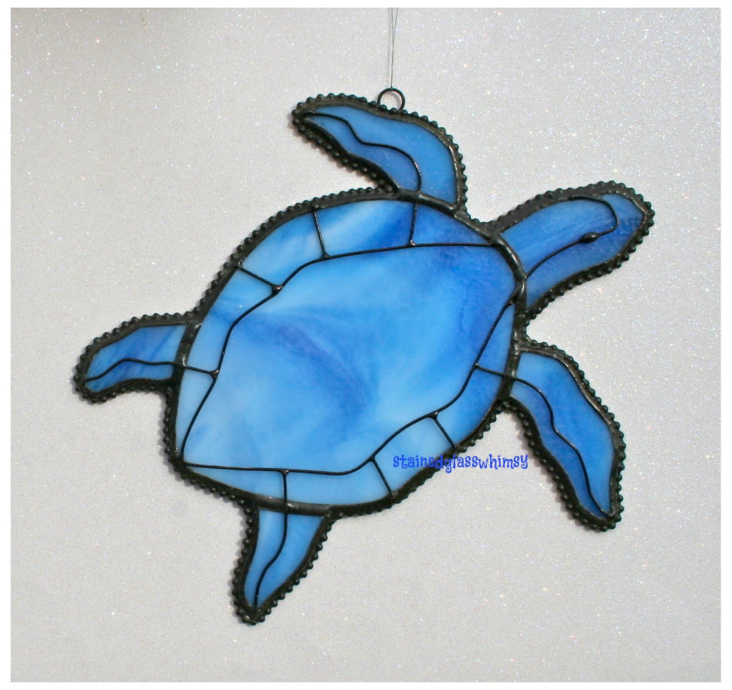 Stained Glass SEA TURTLE Suncatcher - Wispy Cobalt Blue, White - Original Design, USA Handmade