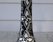 Decorative Bud Vase -- White vase with intricate black hand-painted design (Flowers up the middle)