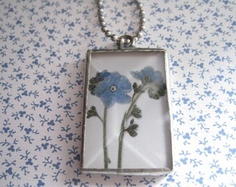 Silver Solder and Beveled Glass Rectangular Forget Me Not Pendant