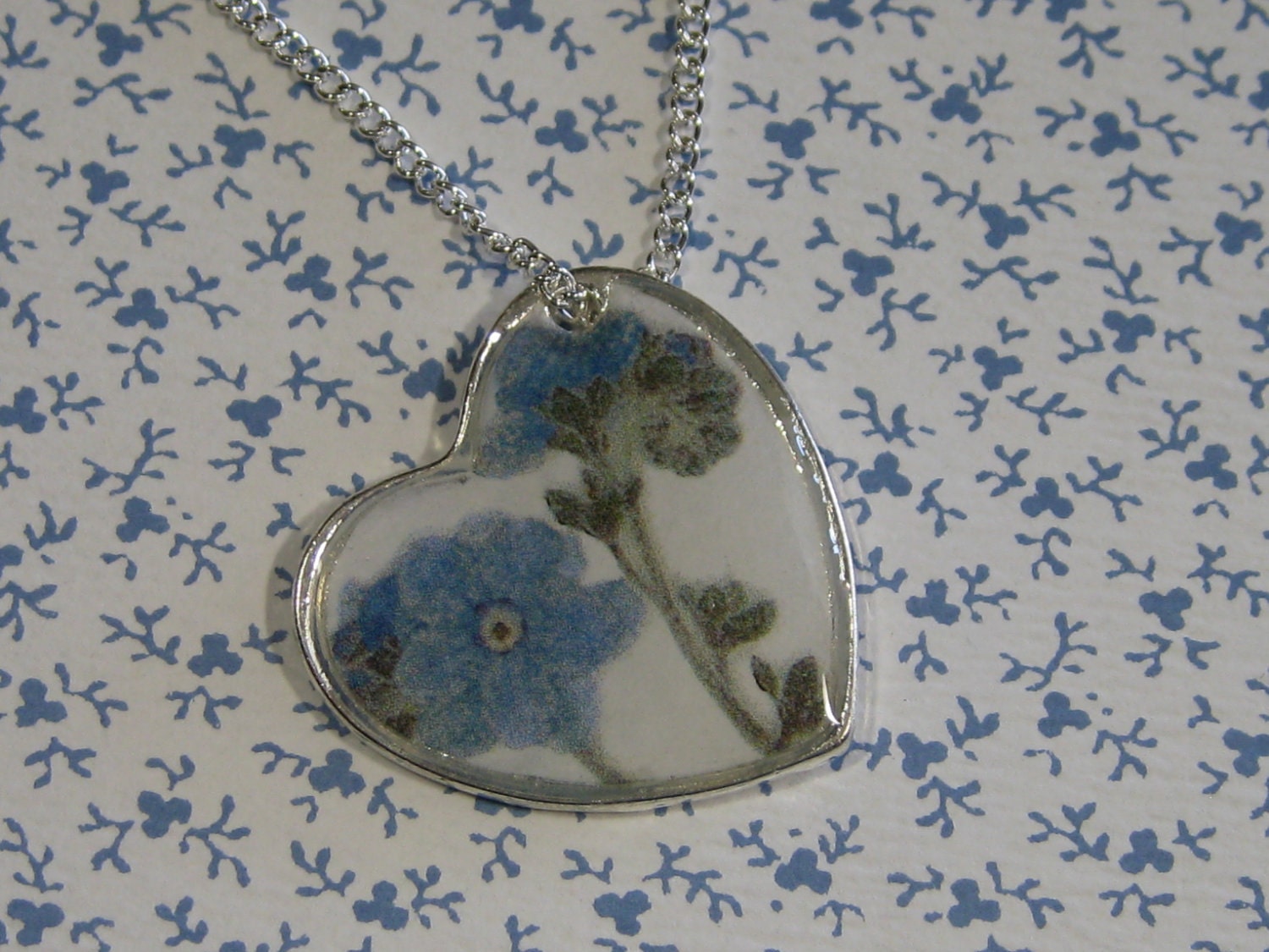 Off Centered Forget Me Not Resin Heart Pendant