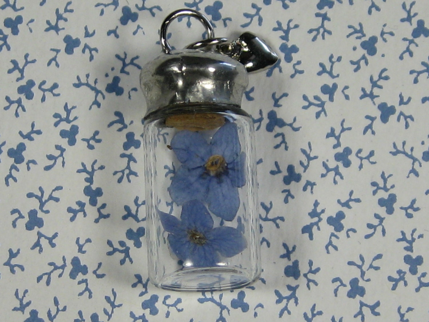 Forget Me Not Glass Vial Pendant with Real Forget Me not Flowers