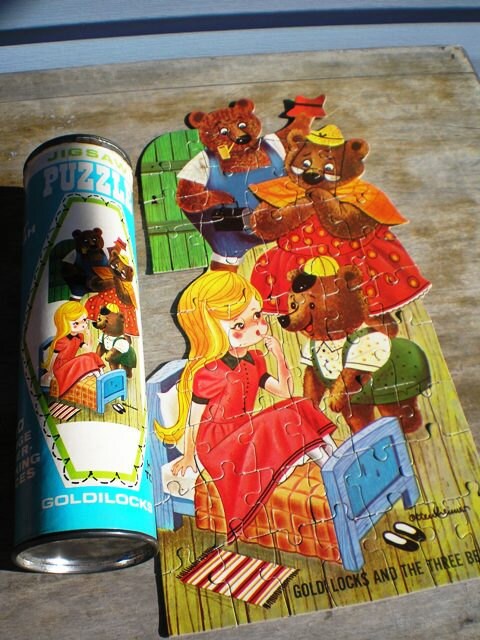 HG Toys 1970's GOLDiLOCKS and the THREE BEARS Vintage Jigsaw Puzzle in a Can...50 Interlocking Pieces...FuN FuN FuN - redpane