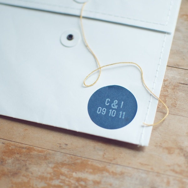 48 Wedding Navy Blue Circle Stickers with Hand-Stamped Initial & Date for Favors and Envelope Seals