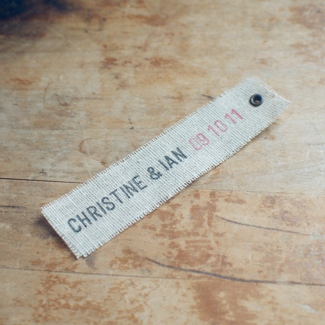 50 Linen Eyelet Labels Hand-Stamped with First Names & Date for Wedding Favors and Invitations