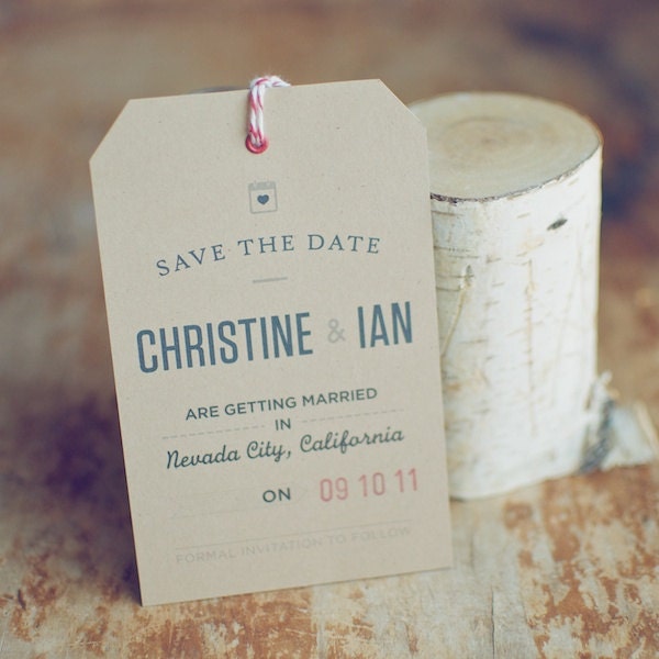 Rustic Kraft Save the Date Tag with Eyelet, Twine and Envelope with Hand-Stamped Return Address