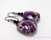 Painted Purple Plum Black Swirls Swarovski Crystals Earrings - Bunniewunnie