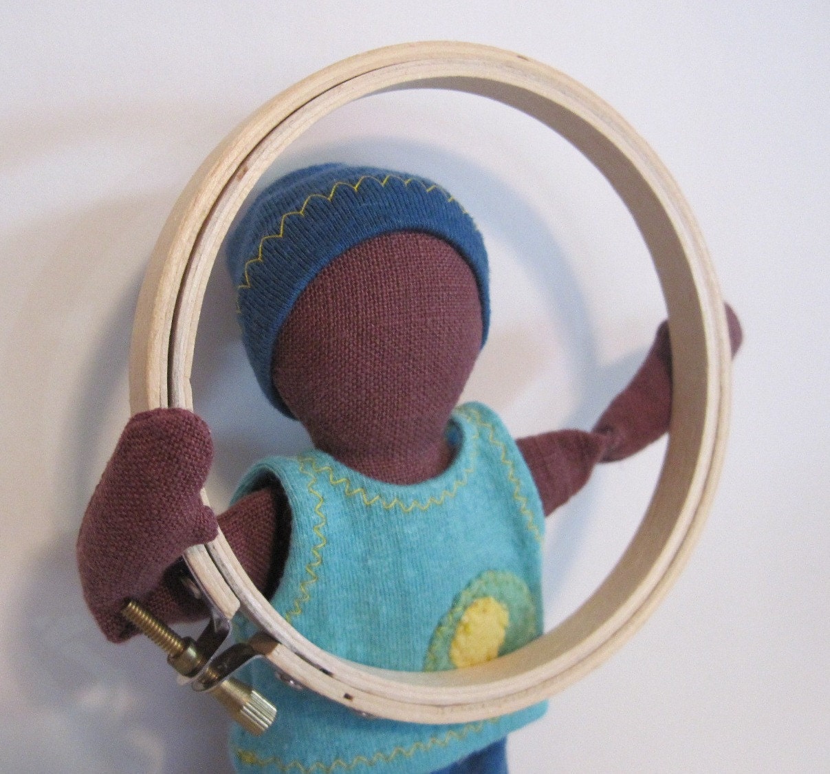 7" Brown eco-friendly soft cloth doll with blue outfit