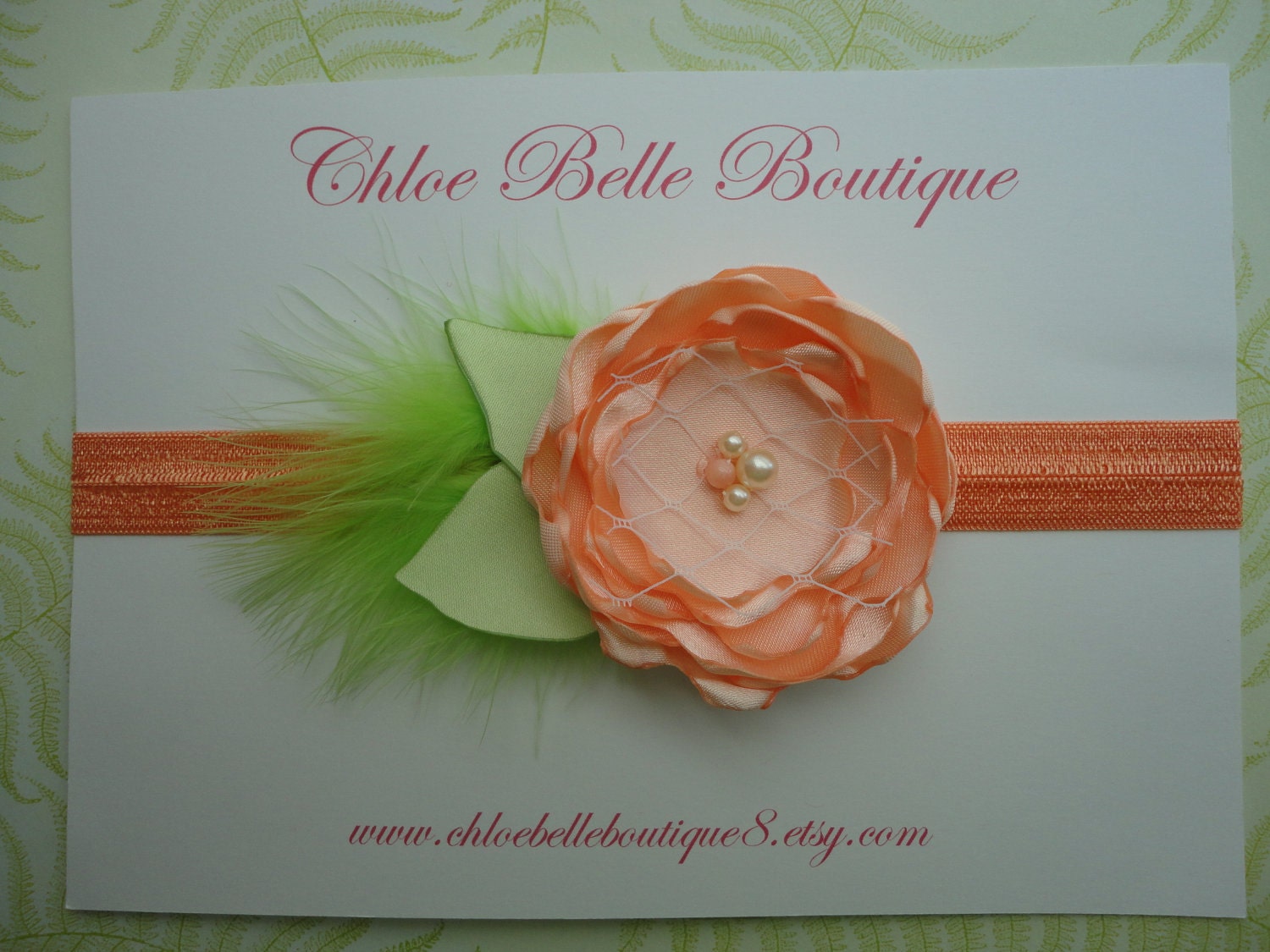 PEACHY, Pale peach fabric flower, lime leaves, veiling, pearls, feather - newborn, baby girl, baby, toddler, teen adult, photo shoot, SPRING
