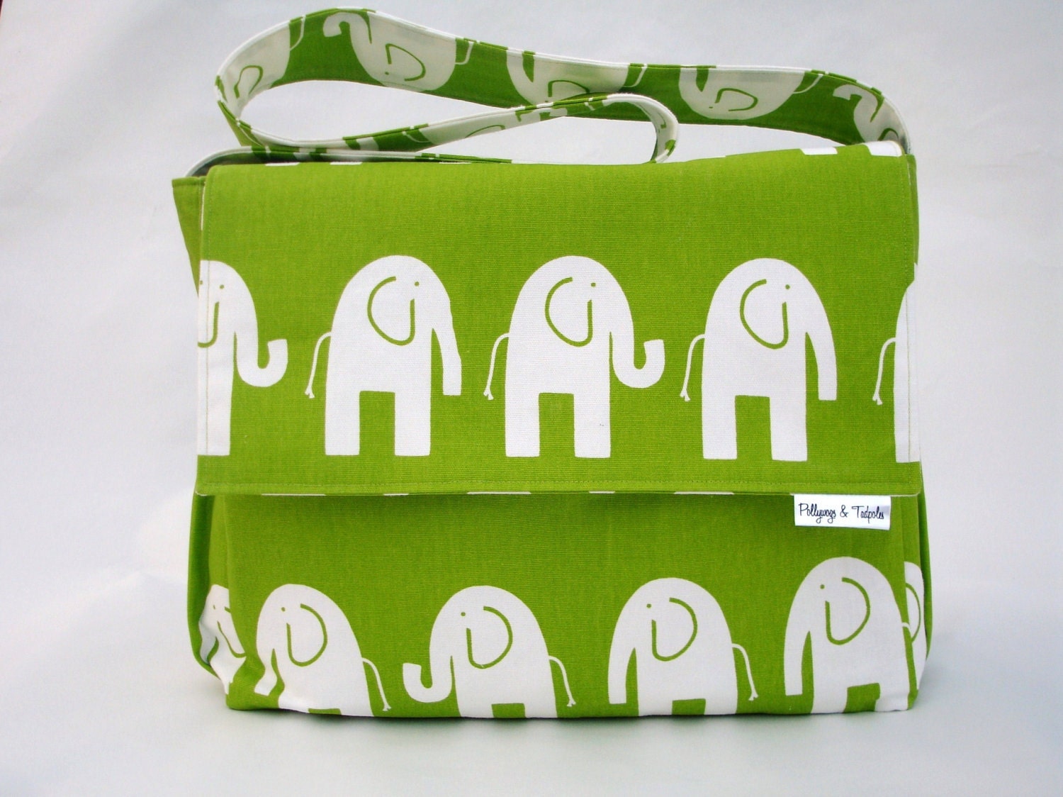 Diaper Bag - Boy or Girl - "Elephant Parade" in chartreuse green - Large Messenger Bag with Inner and Outer Pockets