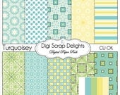 Turquoisey Digital Scrapbook Paper in Turquoise Blue and Yellow, Instant Download