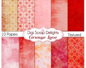 Grunge Love Digital Papers for Shabby Chic Art Journaling, Card Making, Digital Scrapbooking, Crafts, Bonus- Instant Download