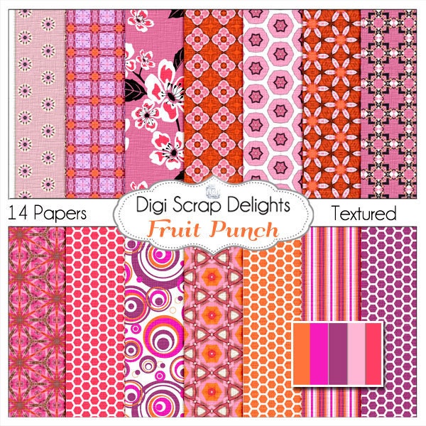 Fruit Punch Scrapbook Paper for Digital Scrapbooking, Card Making, Photographers in Tropical Purple, Orange, & Pink, Instant Download
