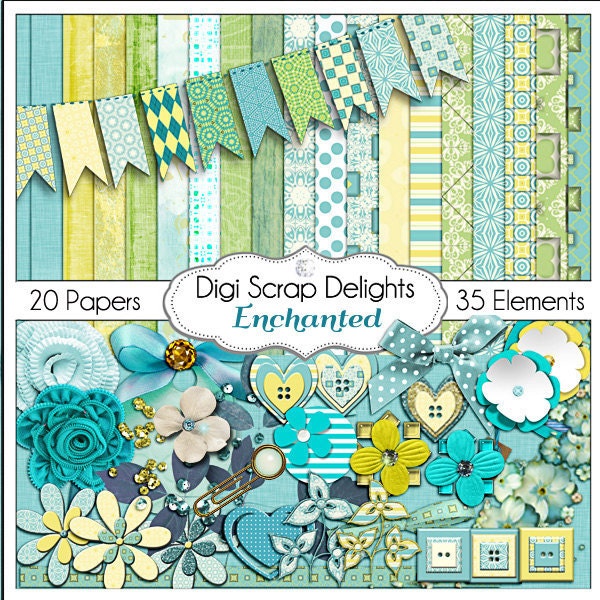 Digital Scrapbooking: Enchanted Digital Scrapbook Kit in Turquoise, Golds and Green, Instant Download