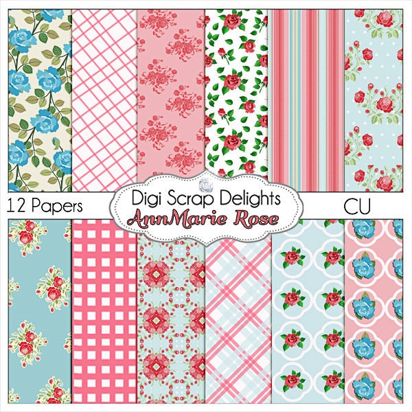 Vintage Rose Scrapbook Paper Bundle (Cath Kidson, Shabby Chic Style) for Digital Scrapbooking & Crafts, Instant Download