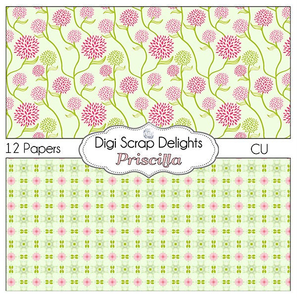Pink and Green Digital Scrapbook Paper Priscilla for Scrapbooking, Card Making, Photo Backgrounds, Instant Download