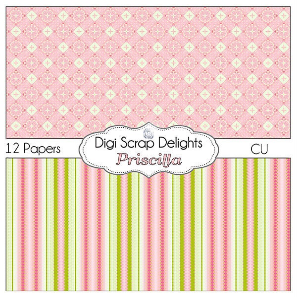 Pink and Green Digital Scrapbook Paper Priscilla for Scrapbooking, Card Making, Photo Backgrounds, Instant Download