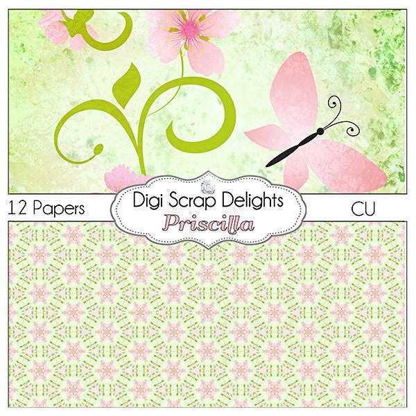 Pink and Green Digital Scrapbook Paper Priscilla for Scrapbooking, Card Making, Photo Backgrounds, Instant Download