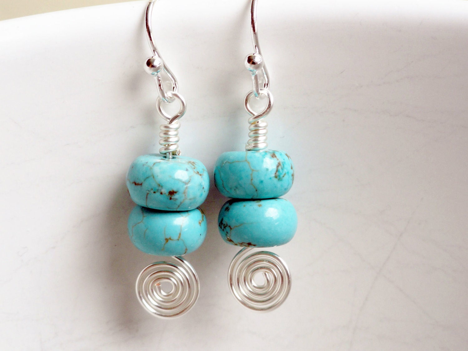Turquoise earrings - sterling silver - spiral earrings - handmade spiral - blue drop earrings - genuine turquoise - silver spiral