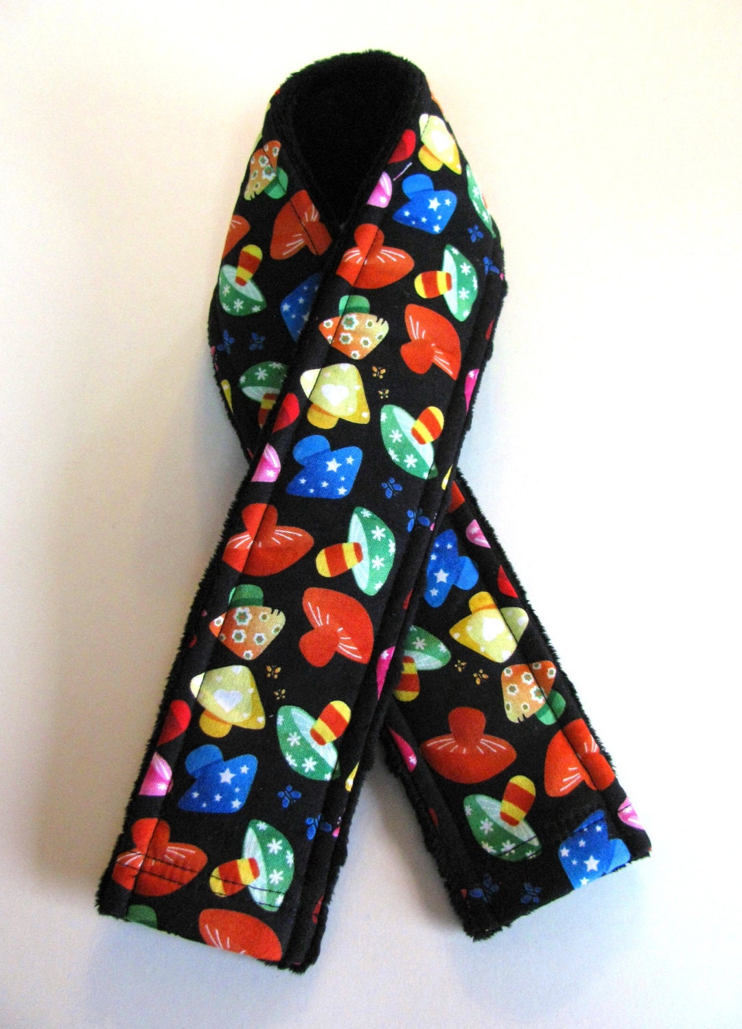 Padded DSLR Camera Strap Cover- Reversible- Trippin' Mushrooms on Black with Black Minky- Ready to Ship