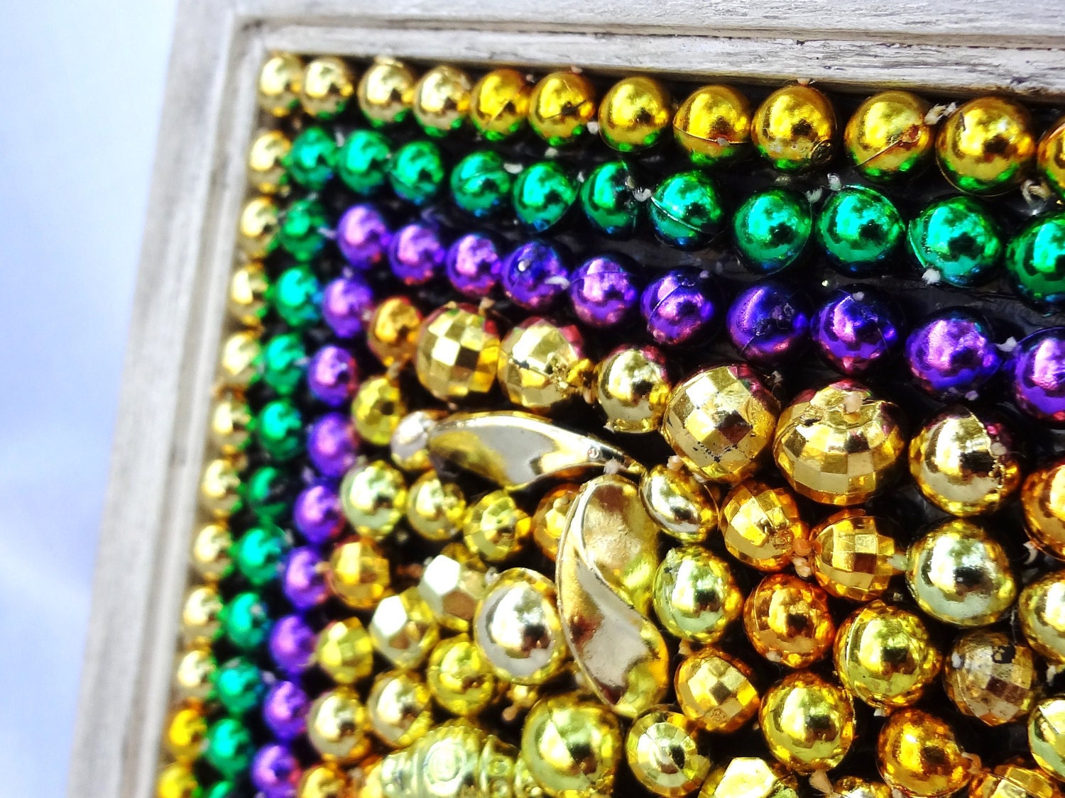 Framed Mardi Gras bead mosaic Fleur De Lis purple, green, gold, shabby chic frame
