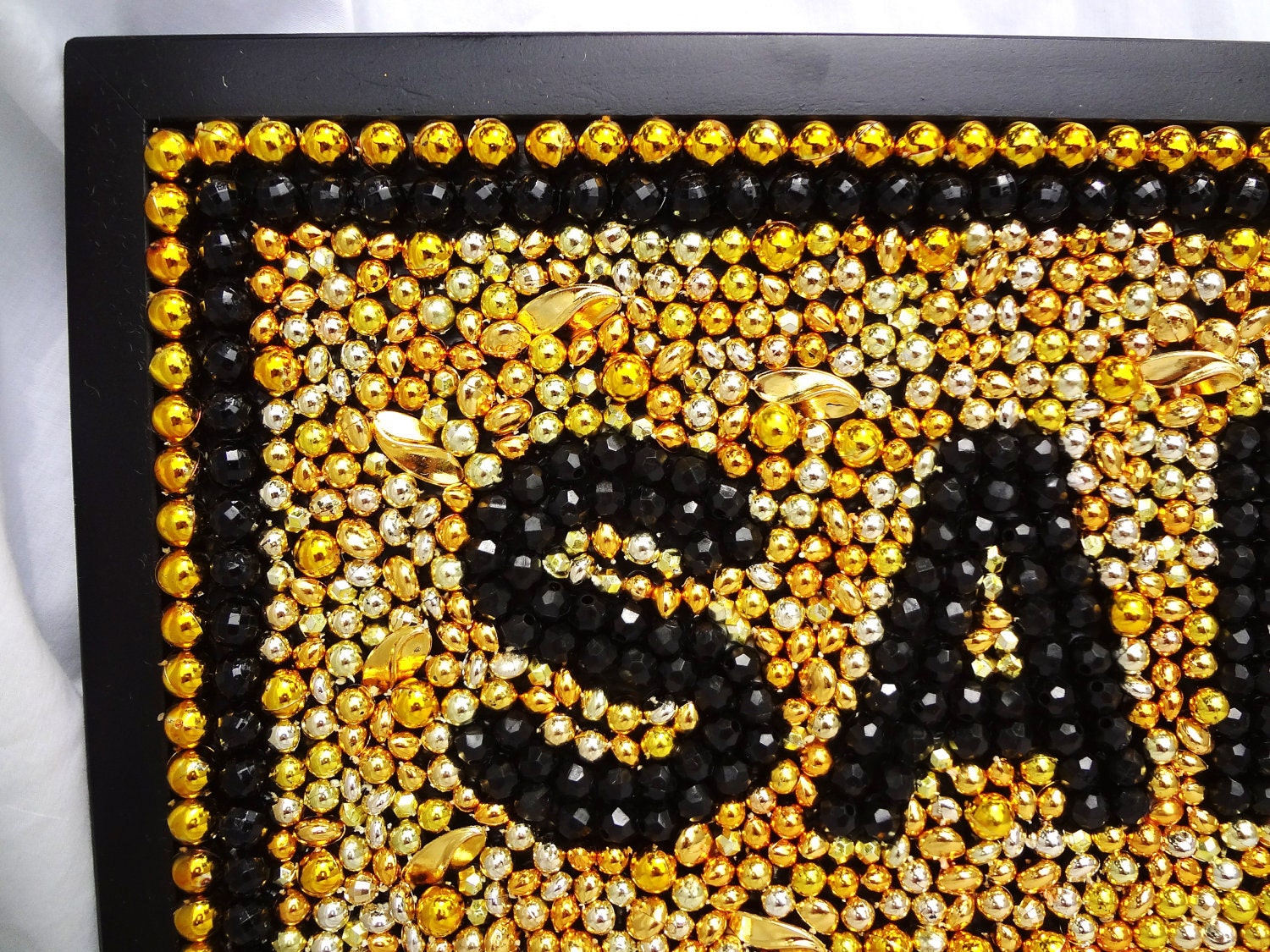 Custom Order Framed Mardi Gras bead mosaic, "Saints", black and gold, Who Dat, New Orleans, CIJ, men, media room, football art