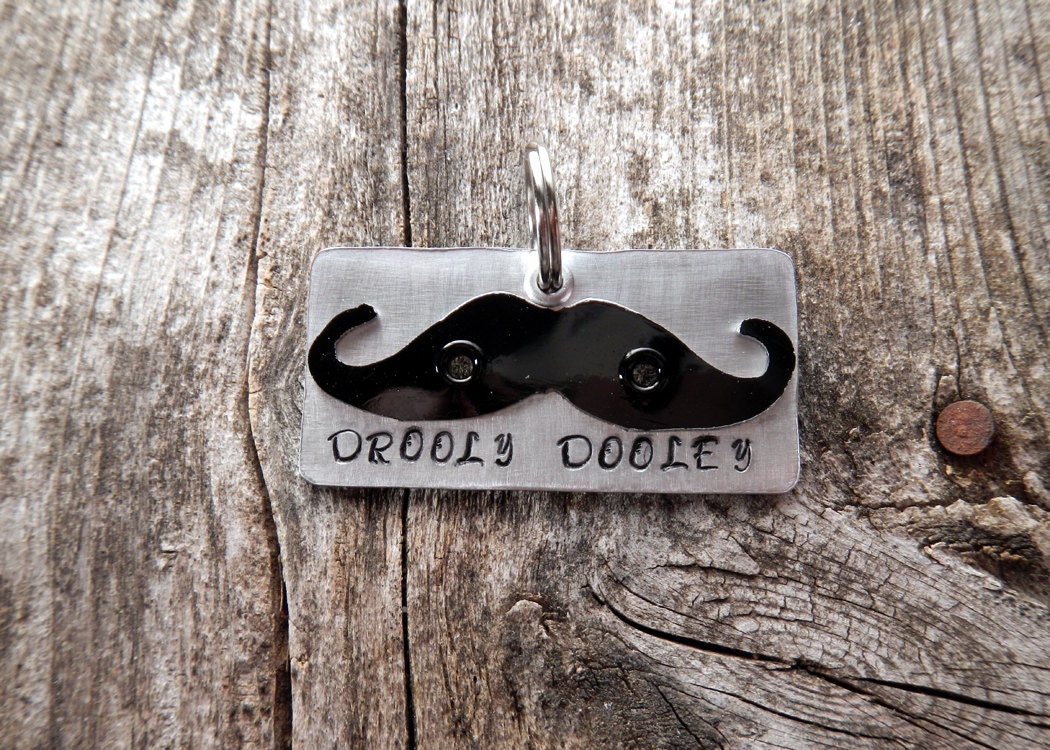Pet Tag Dog Tag ID Artisan Charm Mustache Name Silver Custom Circle Rivets Stamped Keychain Pendant Pet Lover